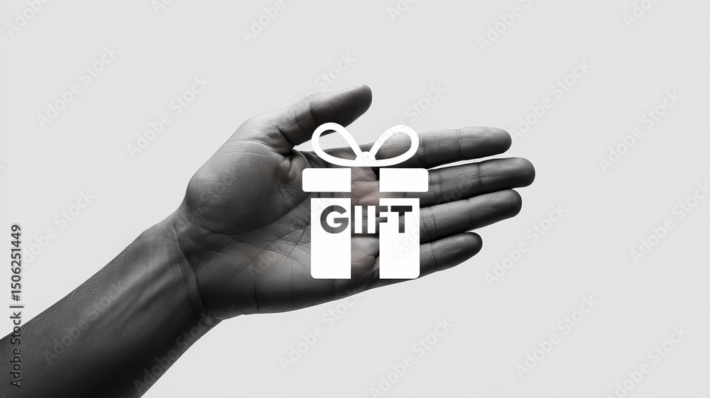 Fototapeta premium A grayscale image showing a hand presenting a white gift box icon with the word gift on it