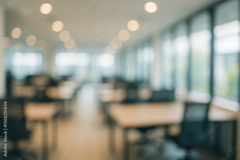 Fototapeta premium Beautiful Defocused Office Background Interior Panoramic View Blurred Workspace Professional Setting Backdrop Template Bokeh Effect Modern Corporate Environment