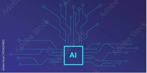 Abstract circuit board Artificial Intelligence technology background. Blueprint motherboard and processor AI and lines. Vector illustration.