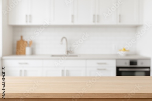 Modern White Kitchen Scene Empty Light Wooden Table Top Perfect for Product Display Mockup Bright Interior with Clean Background Advertising Template