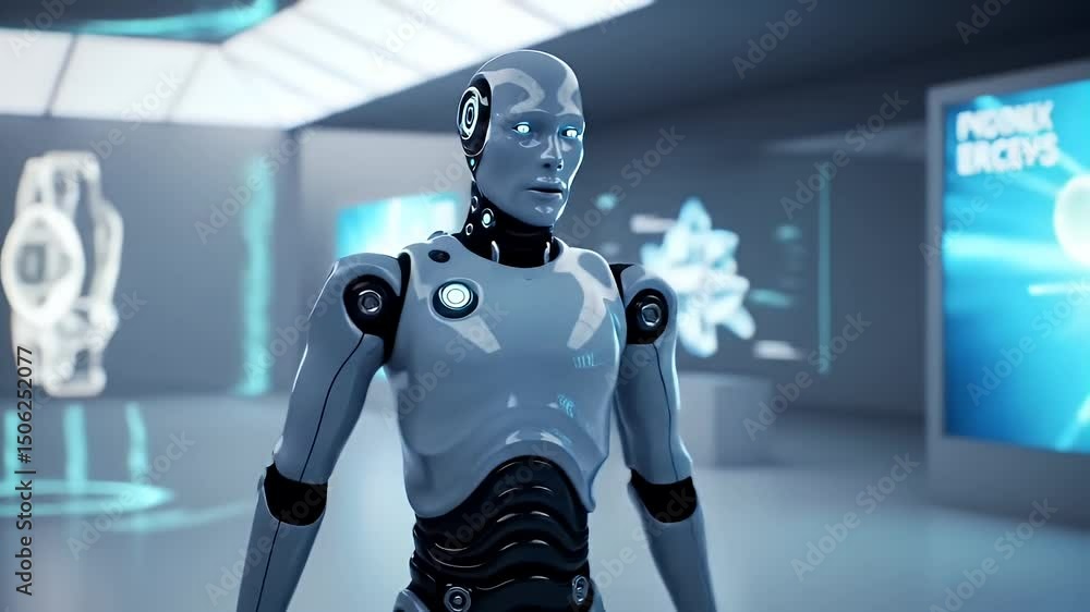 Humanoid Robot Interacting with Digital Displays in Futuristic Setting Humanoid Robot Interacting with Digital Displays in Futuristic Setting