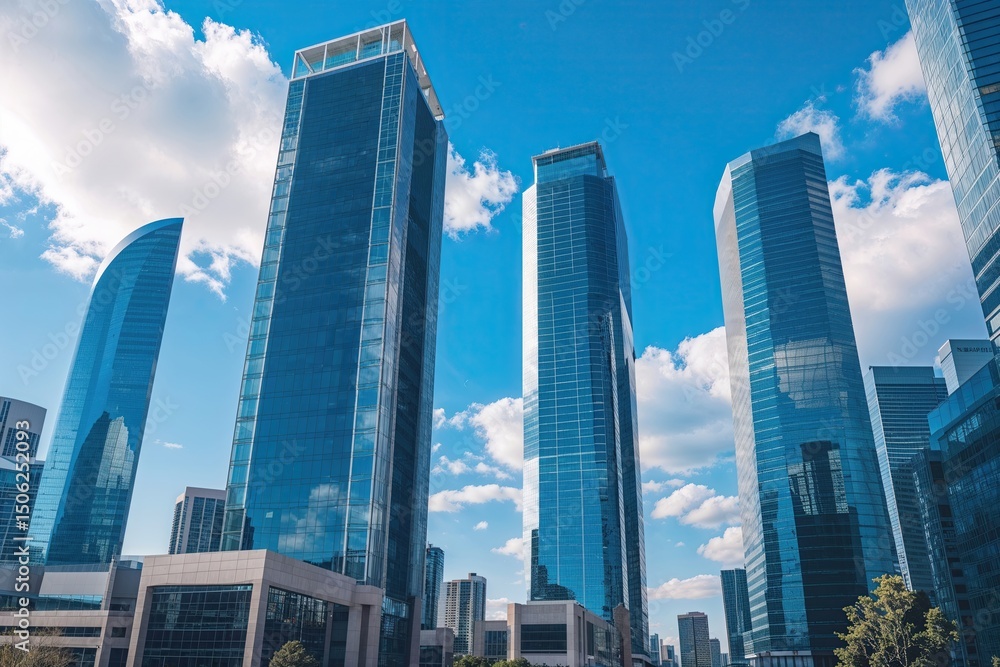 Fototapeta premium Imposing Skyscrapers Under Clear Blue Skies in Urban Business District