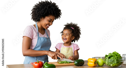 Happy Mother And Daughter Cooking Vegetables In A Bright Kitchen Illustration