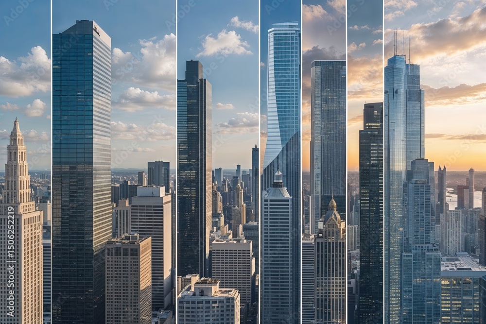 Fototapeta premium Sections of Office Skyscrapers Showcasing City Evolution and Skyline Transitions