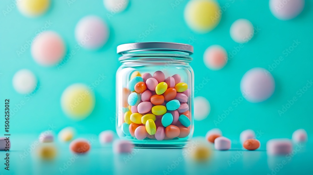 colorful candy in glass jar on turquoise background with scattered sweets and pastel colors
colorful candy in glass jar on turquoise background with scattered sweets and pastel colors