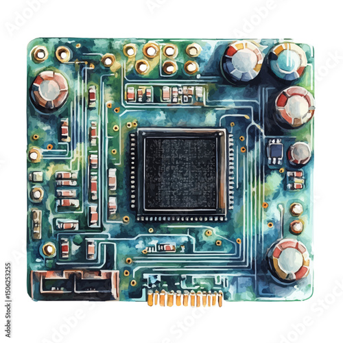 watercolor of Circuit Board, vector high quality, isolated on a white background.