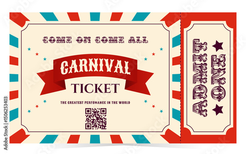 Carnival ticket in retro style, red colors. Flat vector illustration on white background