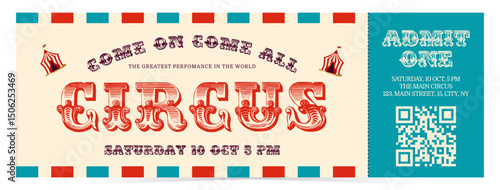 Vintage circus ticket. Flat vector illustration on white background in retro style