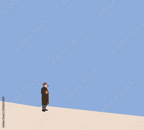 Man in brown suit smoking on modern street. Minimal design art outdoor activities. Problem of tobacco and nicotine addiction in smoker 