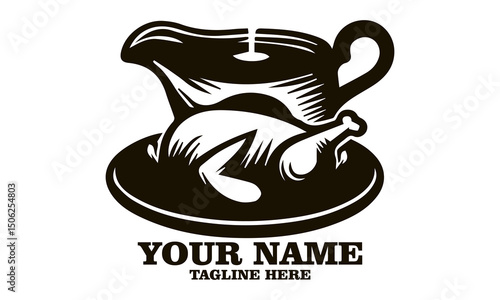 steaming gravy boat and roasted turkey vector illustration, steaming gravy boat and roasted turkey logo design with white background