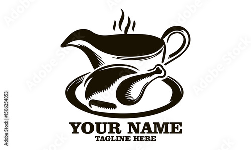 steaming gravy boat and roasted turkey vector illustration, steaming gravy boat and roasted turkey logo design with white background