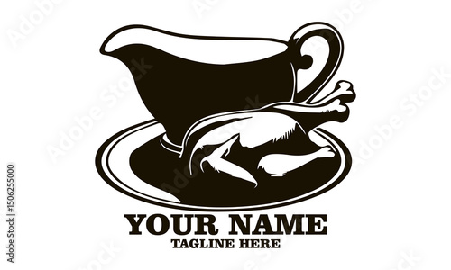 steaming gravy boat and roasted turkey vector illustration, steaming gravy boat and roasted turkey logo design with white background