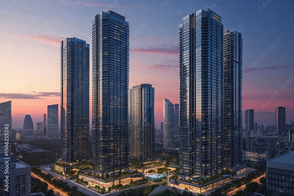 Sleek Towers at Twilight in a Contemporary Urban District Sleek Towers at Twilight in a Contemporary Urban District