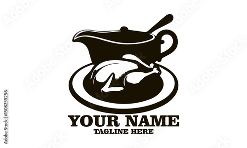 steaming gravy boat and roasted turkey vector illustration, steaming gravy boat and roasted turkey logo design with white background