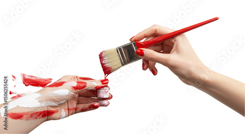 Illustration of Red Paintbrush Painting Hand Fingers with Transparent Background