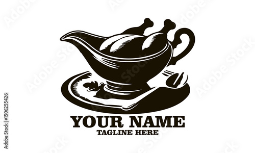 steaming gravy boat and roasted turkey vector illustration, steaming gravy boat and roasted turkey logo design with white background