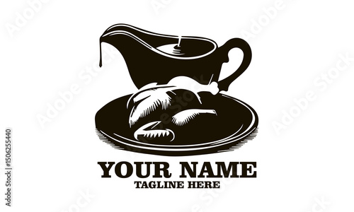 steaming gravy boat and roasted turkey vector illustration, steaming gravy boat and roasted turkey logo design with white background