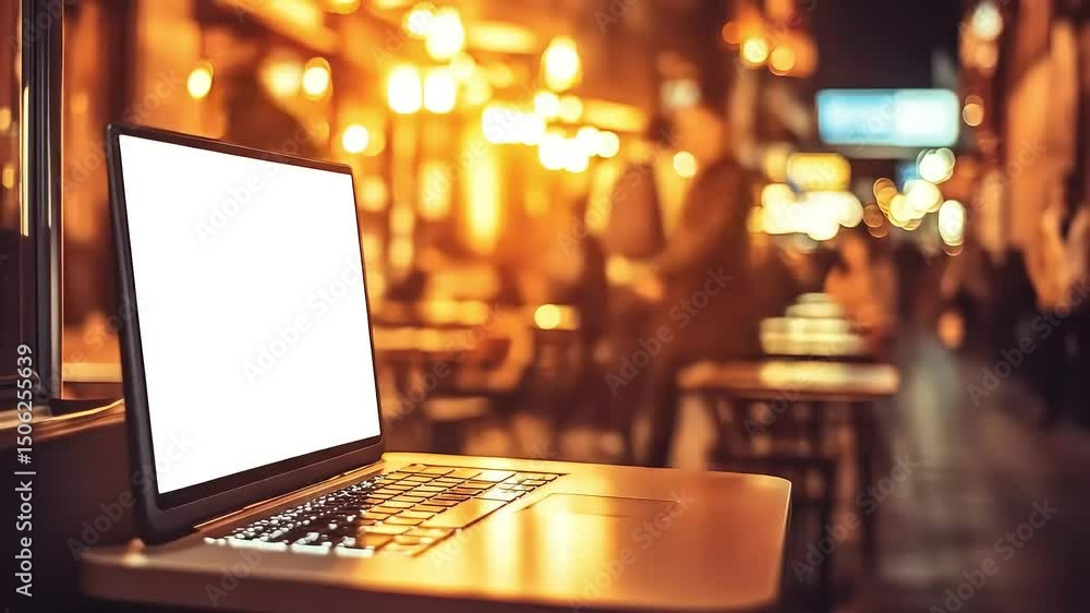 Laptop with blank screen sits on table in a warmly lit cafe at night Laptop with blank screen sits on table in a warmly lit cafe at night