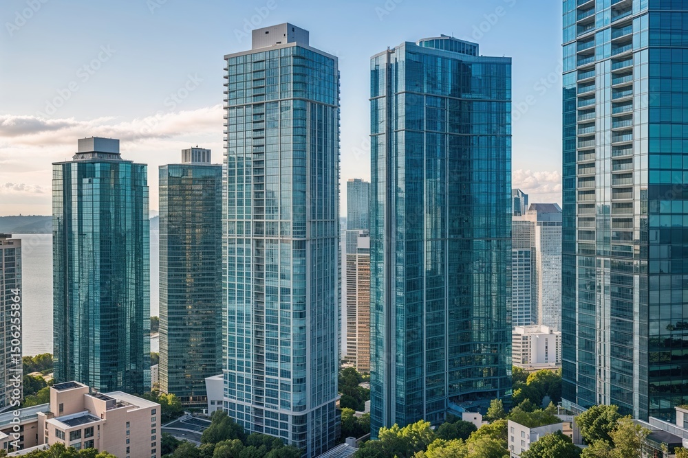 Fototapeta premium Stunning View of Juxtaposed High-Rise Buildings with Sleek Glass Facades