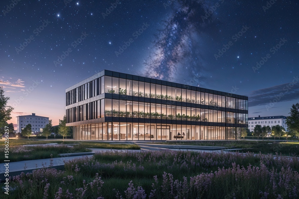 Obraz premium Stunning Modern Office Building in Szczecin Poland with Scenic Starry Views