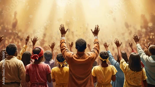 A crowd of people stands with their hands raised toward bright light, seemingly in worship or praise. gospel concept