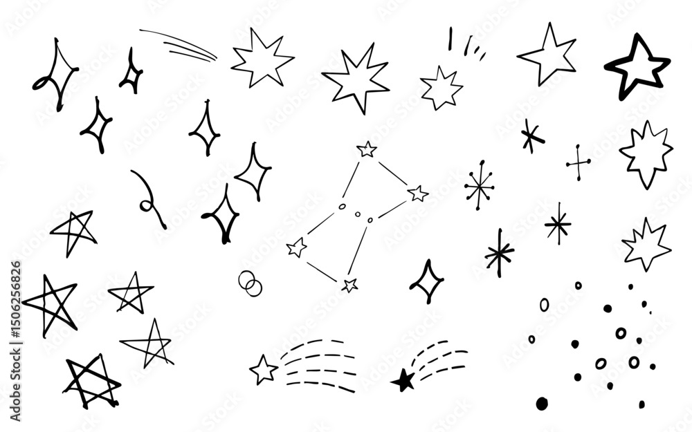 Obraz premium 手書きの星・星座・キラキラ・流れ星のイラストセット(黒)