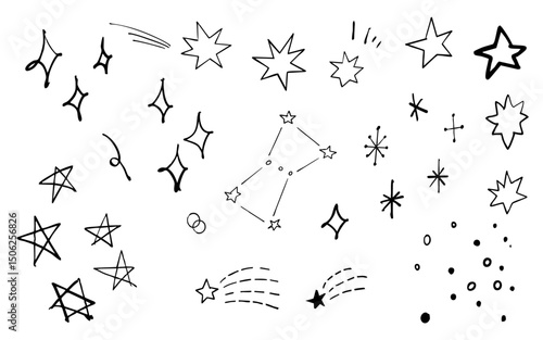 手書きの星・星座・キラキラ・流れ星のイラストセット(黒)