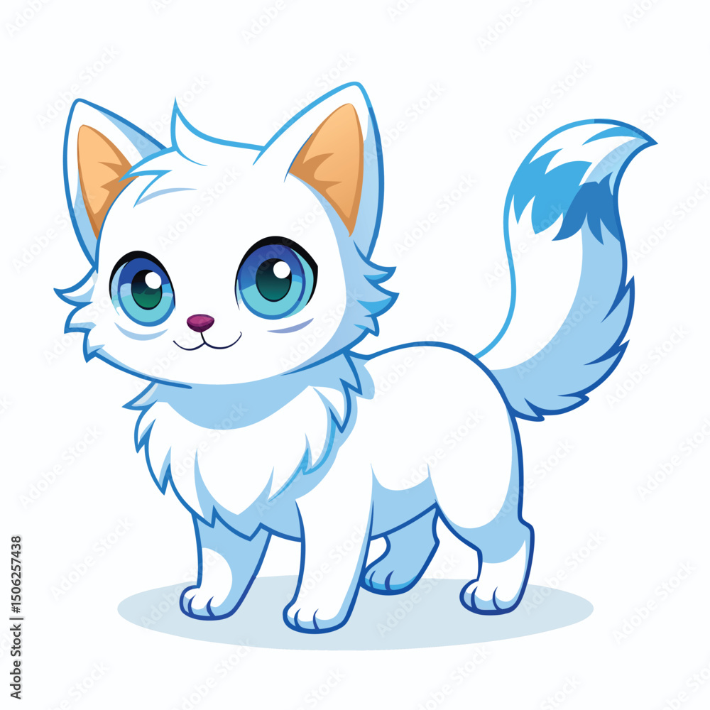 Fototapeta premium A small, fluffy white kitten with striking blue eyes walks to the right against a white background. 