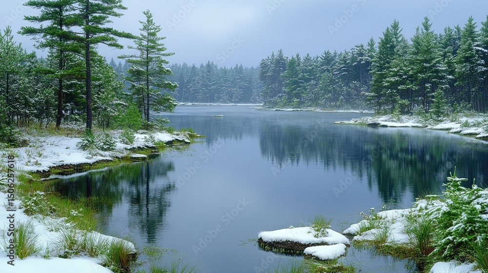 Obraz premium Snowy lake with pine forest, and winter.