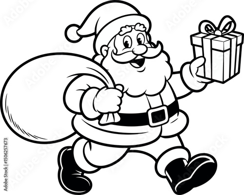 This simple black and white illustration shows a cheerful Santa Claus delivering presents. 