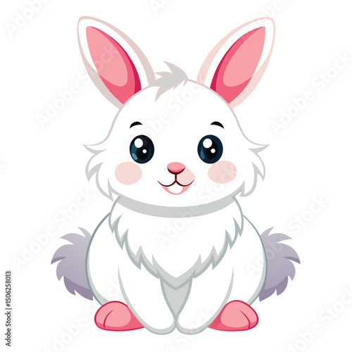 A small, fluffy white rabbit with pink ears sits and appears to be grooming its paws with white background