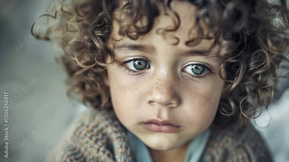 Curly-haired child with vivid eyes displays a range of expressions, capturing emotions in soft focus. Evocative series portrays innocence, curiosity, and introspection in softly-lit Curly-haired child with vivid eyes displays a range of expressions, capturing emotions in soft focus. Evocative series portrays innocence, curiosity, and introspection in softly-lit
