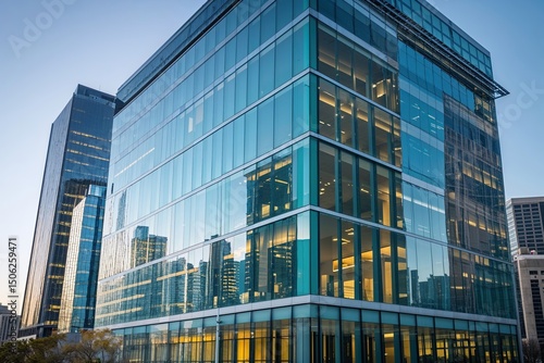 Modern Corporate Building Structure with Glass Reflections in Urban Skyline
