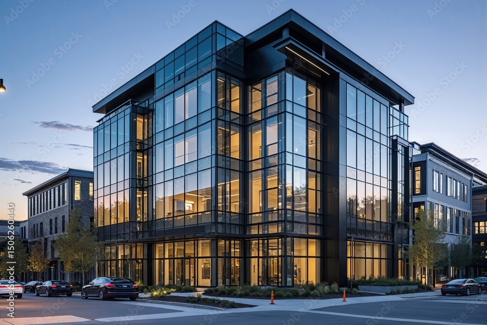 Obraz premium Modern Urban High-Performance Building Featuring Reflective Glass and Dark Metal Accents
