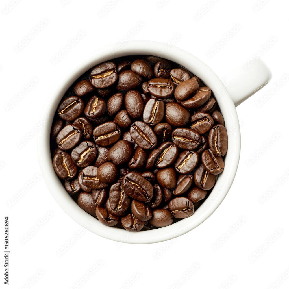 Fototapeta premium Cup filled with dark coffee and topped with roasted coffee beans creates rich and inviting scene