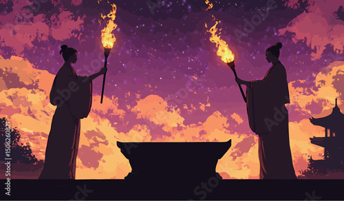 Two women in traditional attire hold torches against a vibrant sunset backdrop.