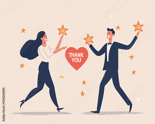 A diverse couple exchanging gratitude with stars and a heart in a cheerful setting.