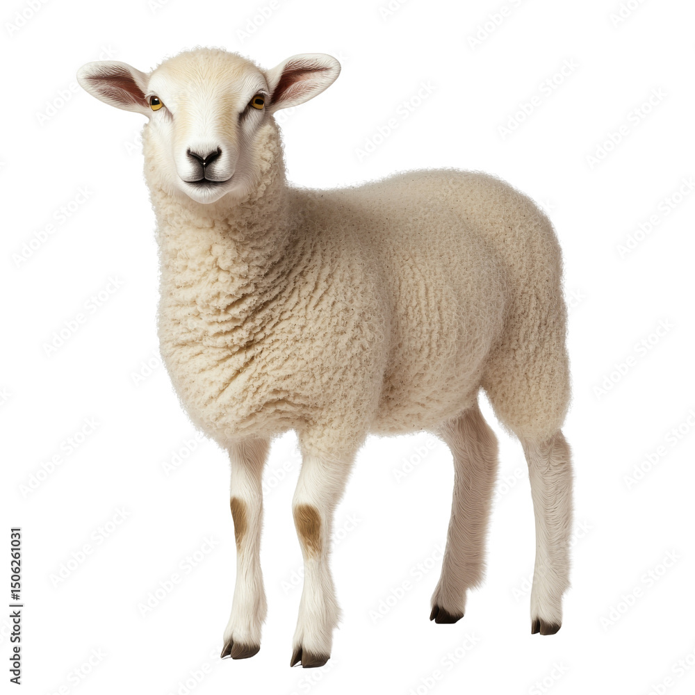 Fototapeta premium Fluffy sheep standing gracefully, showcasing its soft wool and gentle expression, embodying charm of farm life