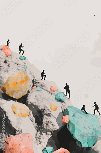 Silhouetted climbers ascend a rocky hill with colorful boulders.