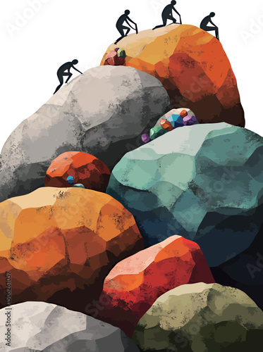 Silhouettes of climbers scaling a vibrant rocky mountain in a stylized design.