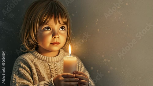 A little girl in cozy sweater quietly admires the glow of lit candle that she is carefully holding her hands. watercolor