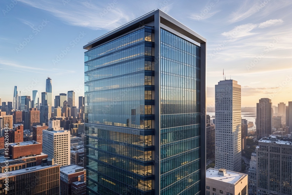 Modern Urban Office Tower Featuring Glass Facade and Skyline Views Modern Urban Office Tower Featuring Glass Facade and Skyline Views
