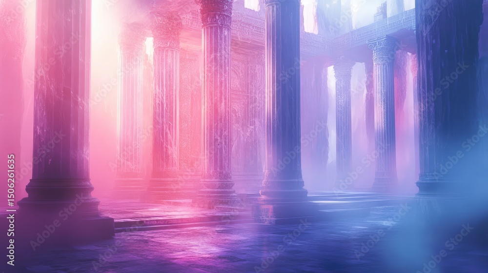 A large room with pillars and a blue sky A large room with pillars and a blue sky