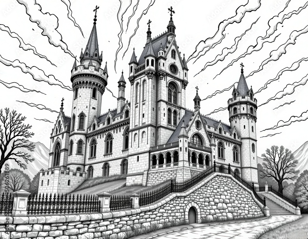 Obraz premium A detailed black-and-white drawing of a grand, Gothic-style castle with towers, dramatic skies, and surrounding trees.
