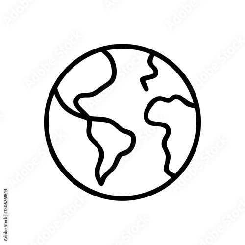 Simple black and white line drawing of globe icon, representing Earth
