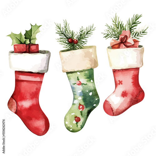 watercolor of Christmas Stockings, vector high quality, isolated on a white background.