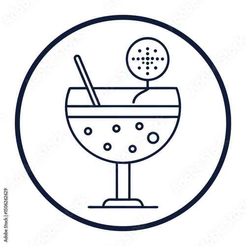 Punch in clear glass bowl with bubbles and spoon. Line art icon of alcoholic cocktail with juice. Fruit drink in transparent round dish. Contour isolated vector