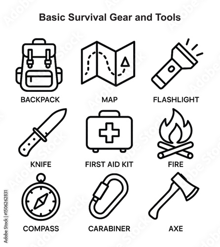 Black and White Vector Icons of Basic Survival Gear and Tools