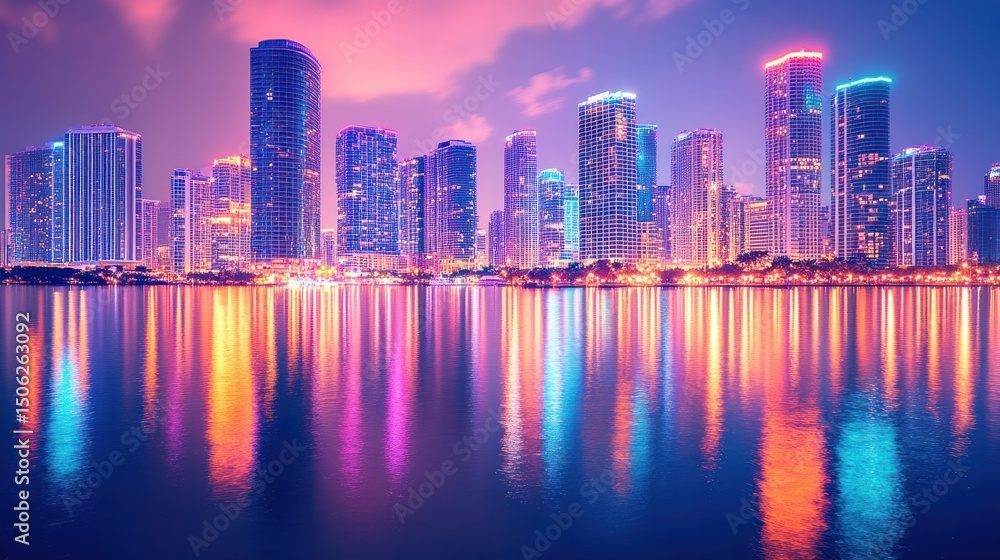 Fototapeta premium City Skyline Reflection on Water at Night with Colorful Lights