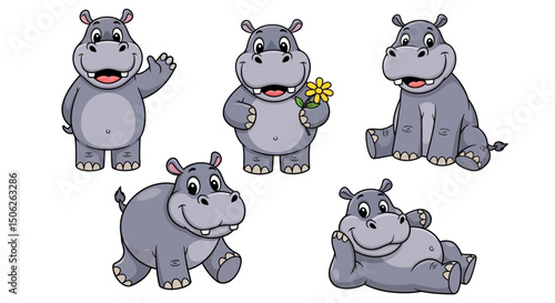 set of cartoon hippo animals vector